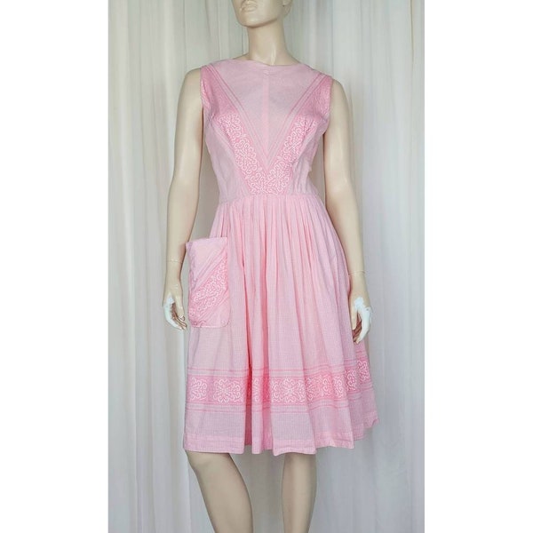 Vtg 50s pink gingham sleeveless cotton day dress S/M