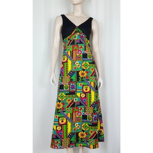 Vtg 70s psychedelic patchwork floral maxi sundress XS/S