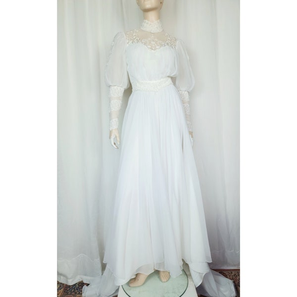 Vtg 1970s chiffon high neck lace wedding gown dress XXS