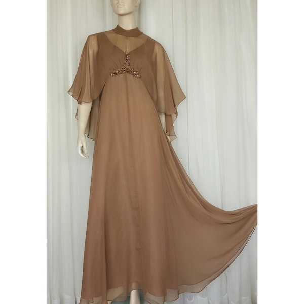 Vintage 70s empire waist brown chiffon hostess capelet sleeveless party formal dress M