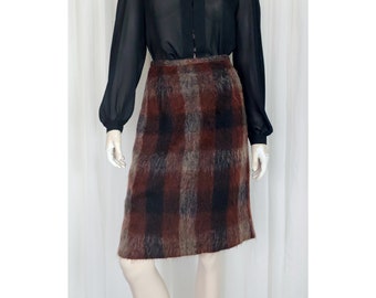 Vtg 50s 60s mohair wool brown plaid skirt S