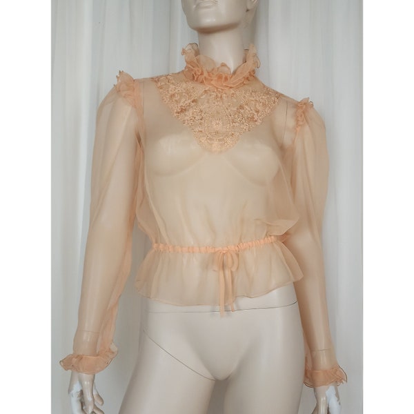 Vintage 70s victorian style sheer peach ruffle lace peplum top blouse dress topper S/M