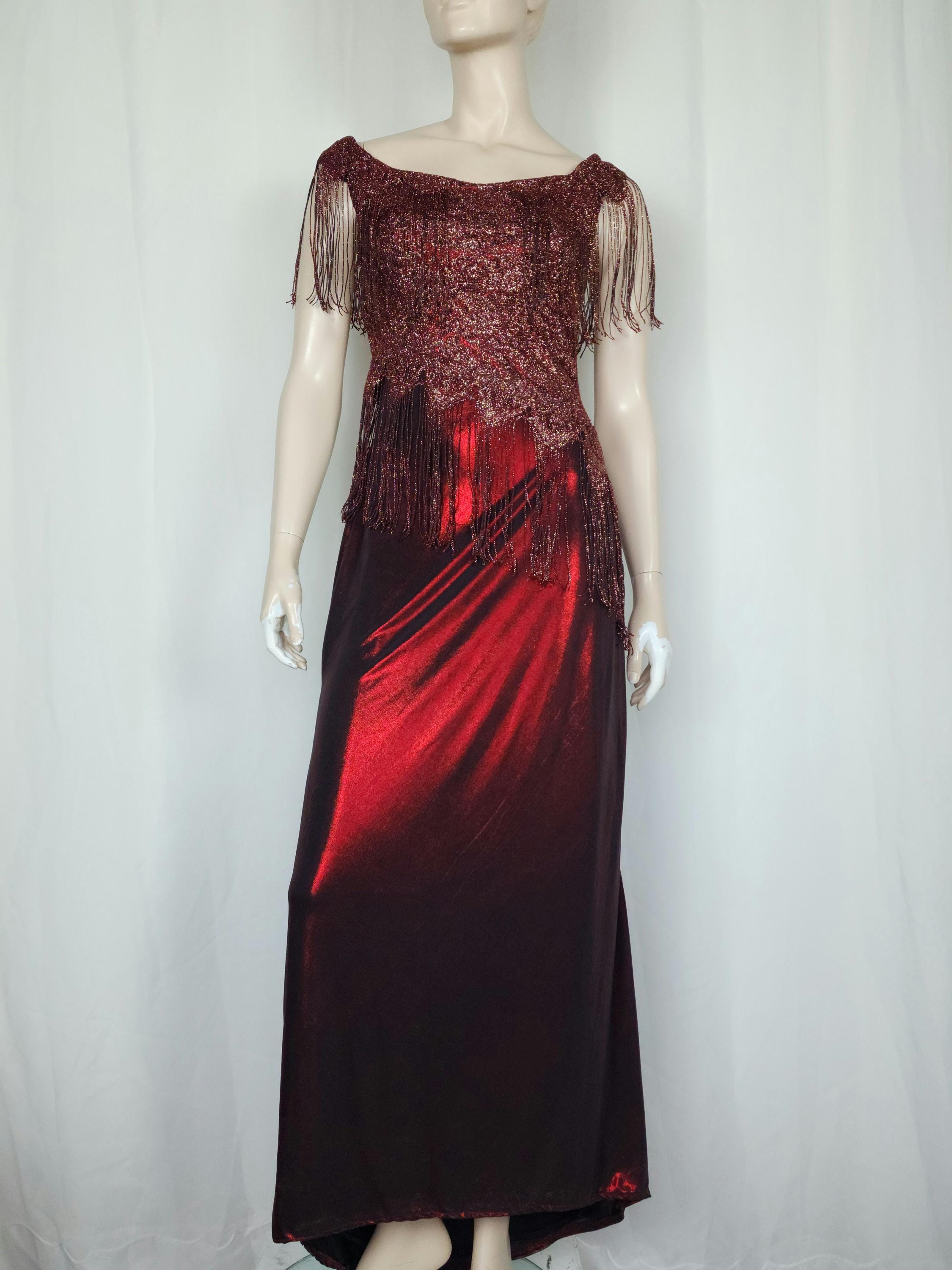 Vtg Red Metallic Sparkle Lace Fringe Gown Xs/S