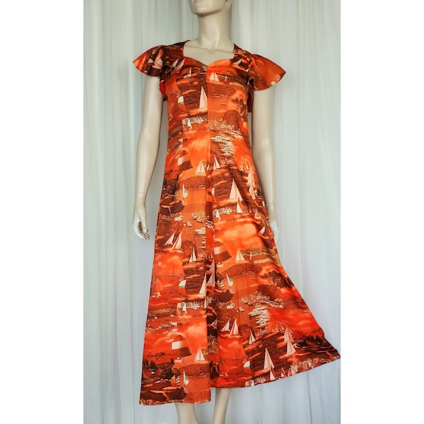 Vintage 70s Sailboat novelty print maxi dress orange S