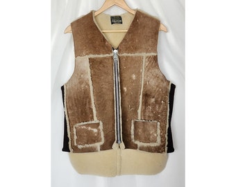 Vtg 70s shearling suede leather sheepskin vest M/L