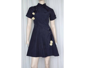 Vtg 1950s mod punk pom pom tie mini dress black S