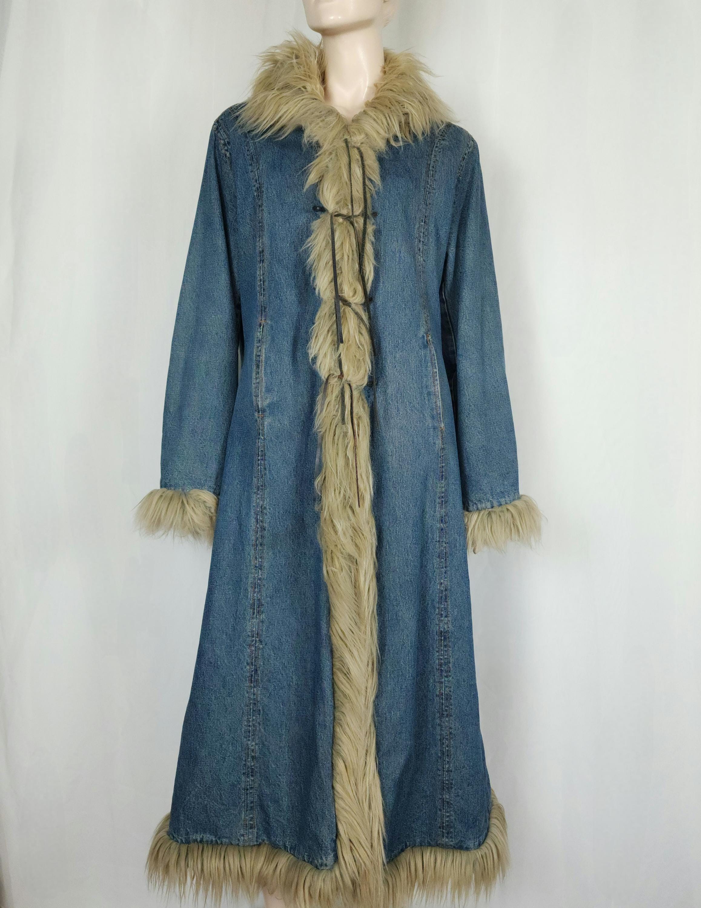 Vtg 90s Y2k Denim Afghan Faux Fur Penny Lane Jacket Coat L - Etsy