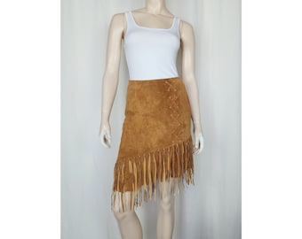 Vtg 90s Y2k suede fringe skirt brown SM