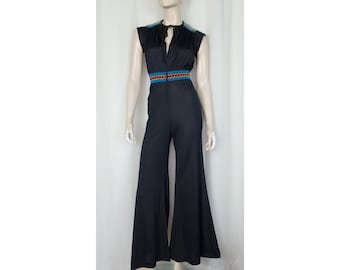 1970s front zip wide leg jumpsuit black XS