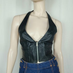Y2k Leather front zip plunge bust halter top M