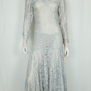 Vtg 80s romantic deco sheer lace beaded dress S/M silver gray