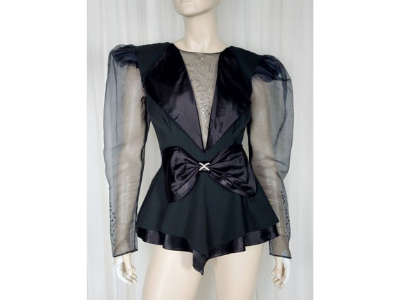 Vtg 80s satin sheer plunge peplum tuxedo evening … - image 1