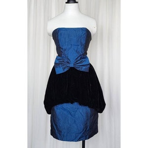 Vtg 80s black velvet bubble skirt party prom cocktail dress blue XXS