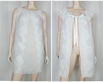 Vtg 2pc peignoir lingerie nightgown robe set white S