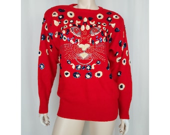 Vtg 80s cat face lambswool angora sequin beaded sweater red M