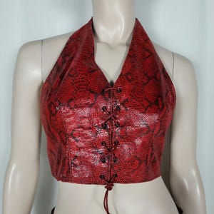 Peut inclure: Un haut dos nu rouge avec un motif peau de serpent noir. Le vêtement présente un décolleté en V profond et un laçage central sur le devant avec de fines cordes rouges assorties qui se nouent à l'ourlet. La texture est gaufrée en écailles.