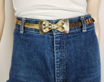 1990s Silver Metal Bow Tie Stretch Belt | 80s 90s Bow Buckle  display picture 3