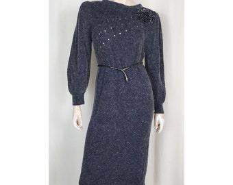 Vtg 80s silk angora knit sweater dress blue gray flecked XS-S/M