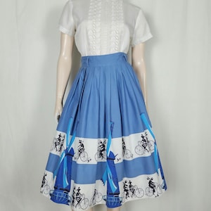 Vtg 1950s Holland windmill bicycle couple novelty print cotton skirt S