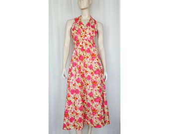 Vtg 70s A Windsor Dress empire floral pink cream XS/S