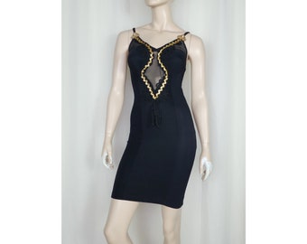 80s 90s Bodycon Club Party Dress Molded Cups Sheer Mesh Mini Black Gold XS/S