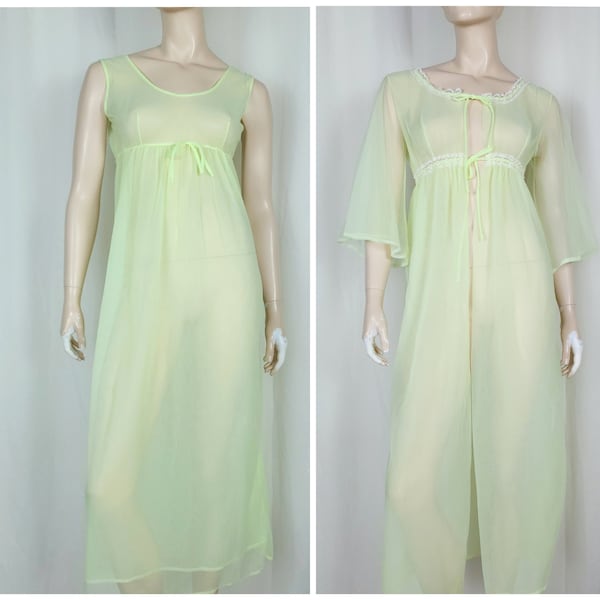 Vtg 2pc Hamilton sheer peignoir lingerie nightgown robe set green neon S
