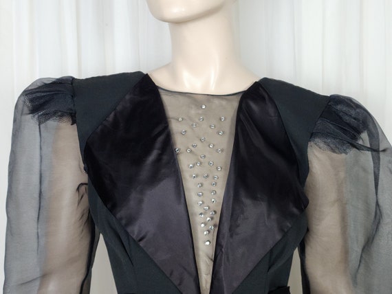 Vtg 80s satin sheer plunge peplum tuxedo evening … - image 2