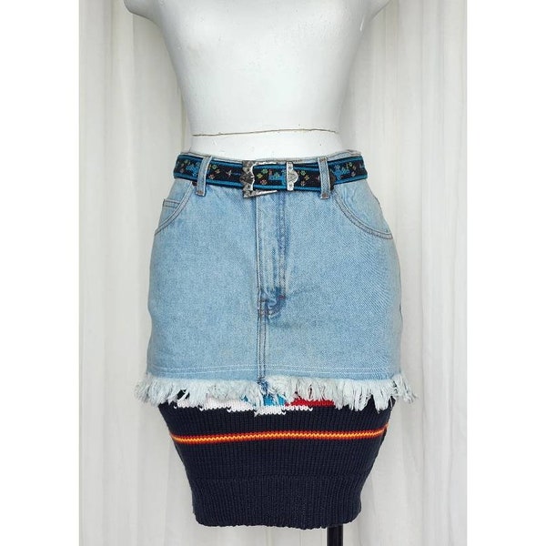 Vintage 80s 90s light denim jean skirt cut-off sweater mini skirt XS embroidered belt