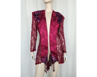 1980s lace floral satin collar sequin beaded 80s cloak duster jacket S-M