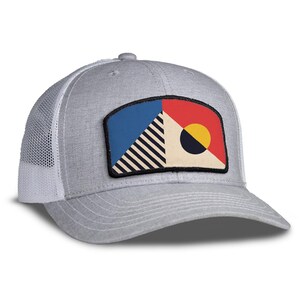 Abstract Mountain Trucker Hat: Embroidered Felt Patch, Snapback