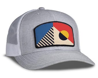 Abstract Mountain Trucker Hat: Embroidered Felt Patch, Snapback