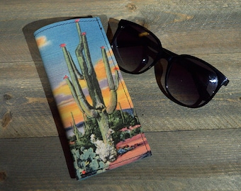 Cactus Print Leather Eyeglass Case: Full Grain Designer Pouch