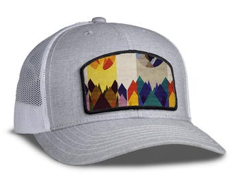 Geo Mountain Trucker Hat - Mesh & Cotton Blend Hat - Snap Back Hat, Mens Hat, Richardson 112 Style, Backerton Hat, Womens trucker hat