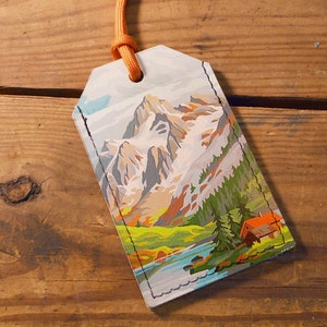 Leather Luggage Tag, Mountains Luggage tag, handmade luggage label, unique luggage tags, bag tag, travel accessory, travel tags image 1