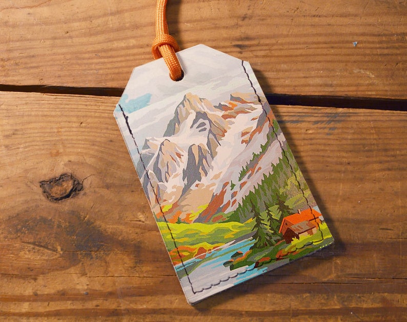 Leather Luggage Tag, Mountains Luggage tag, handmade luggage label, unique luggage tags, bag tag, travel accessory, travel tags image 1