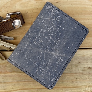 Tarjetero de cuero con mapas de estrellas, tarjetero de visita, cartera minimalista, cartera compacta, tarjetero de crédito, cartera de mujer, bolso