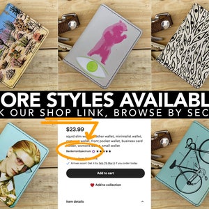 May include: A selection of small leather wallets with various designs, including a desert landscape, a pink bear, a pattern of eyes, and a bicycle. The text "MORE STYLES AVAILABLE CLICK OUR SHOP LINK, BROWSE BY SECTION" is displayed above the wallets. The text "$23.99" is displayed above a wallet with a David Bowie image. The text "squid slim weather wallet, minimalist wallet, wallet, front pocket wallet, business card holder, womens wat small wallet BackertonSpectru *** Arrives soon! Get it by Feb 29-Mar if you order today Add to cart Add to collection Item details" is displayed below the wallet with the David Bowie image.