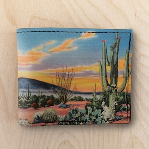 billetera de cuero de cactus al atardecer, mini billetera, billetera minimalista, billetera bifold, billetera compacta, billetera de bolsillo delantero, billetera de mujer, bolso