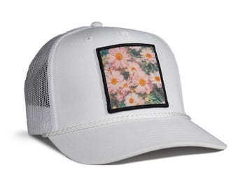 Flowers Trucker Hat - Mesh Cotton Blend Trucker Hat - Snap Back Rope Hat - Mens Hat, Womens Hat, Snap back Hat, Trucker Cap, Rope Hat