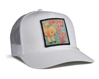 Smoke Em Trucker Hat - Mesh & Cotton Blend Trucker Hat - Snap Back Rope Hat - Mens Hat, Womens Hat, Snap back Hat, Trucker Cap, Rope Hat