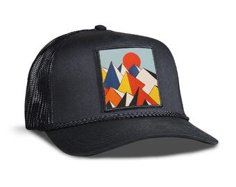 Mountians Trucker Hat - Mesh & Cotton Blend Trucker Hat - Snap Back Rope Hat - Mens Hat, Womens Hat, Snap back Hat, Trucker Cap, Rope Hat