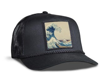 Great Wave Trucker Hat - Mesh & Cotton Blend Trucker Hat - Snap Back Rope Hat - Mens Hat, Womens Hat, Snap back Hat, Trucker Cap, Rope Hat