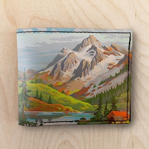 billetera de cuero de montaña mágica, mini billetera, billetera minimalista, billetera bifold, billetera compacta, billetera de bolsillo delantero, billetera de mujer, bolso