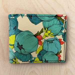 billetera de cuero de flores azules, mini billetera, billetera minimalista, billetera bifold, billetera compacta, billetera de bolsillo delantero, billetera de mujer, billetera de bolso