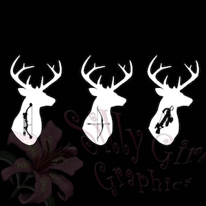 May include: Three white silhouette deer heads with a bow and arrow, a bow and arrow, and a hunter with a bow and arrow inside each head.