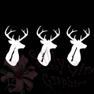 May include: Three white silhouette deer heads with a rifle silhouette inside each head. The deer heads are facing left. The background is black.