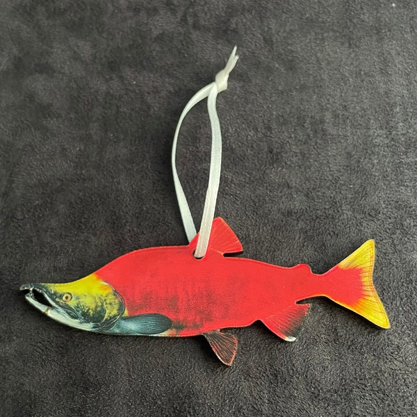 SOCKEYE SALMON Acrylic Christmas Fish Ornament | Pacific Red | Fly Fishing | Fisherman Gift... Illustration © Joseph Tomelleri