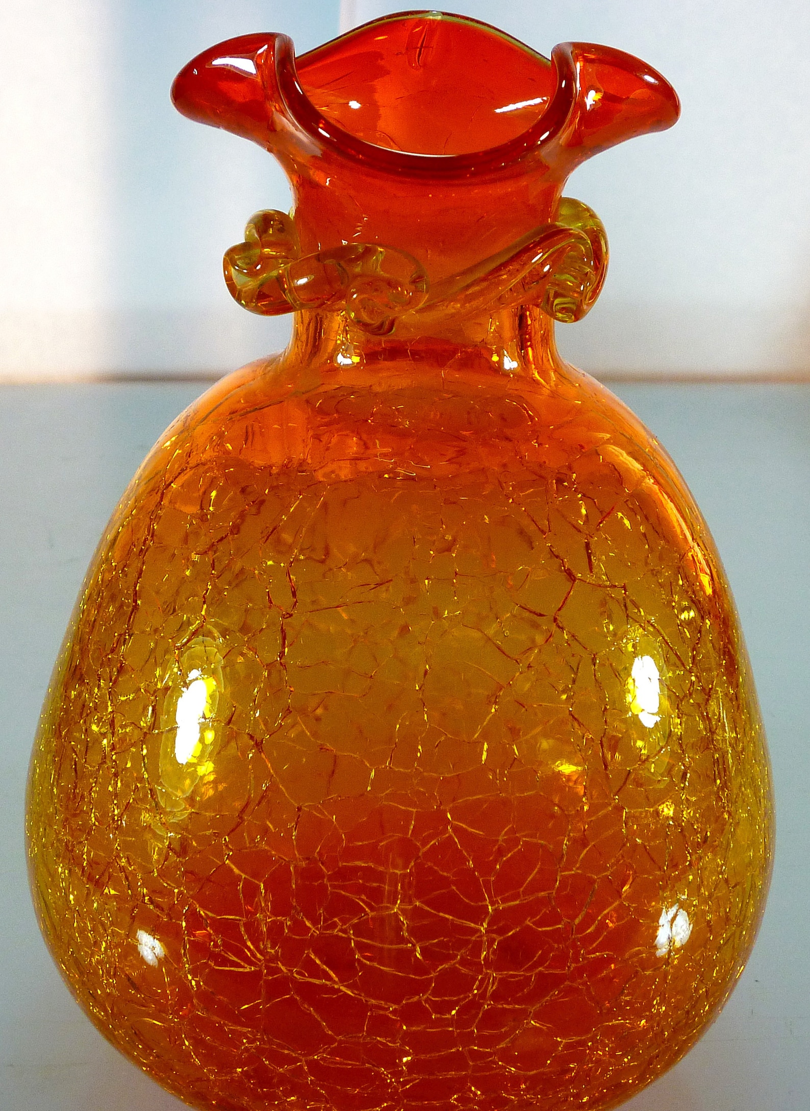 Orange Crackle Glass Vase Pear Shaped Polished Pontil, Ruffled Neck. 4.