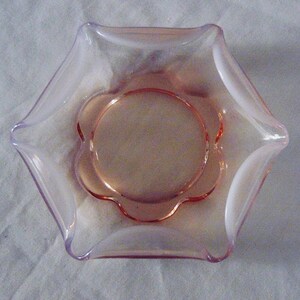 Duncan & Miller Canterbury #115 Pink Opalescent Glass Bowl circa 1940s 6 sided shape