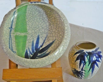 Vintage matched pair Crackled Asian Bowl and Vase. Interior of bowl shows Bamboo Stalks in Green & Blue